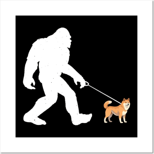 Bigfoot Walking Akita Dog Sasquatch Posters and Art